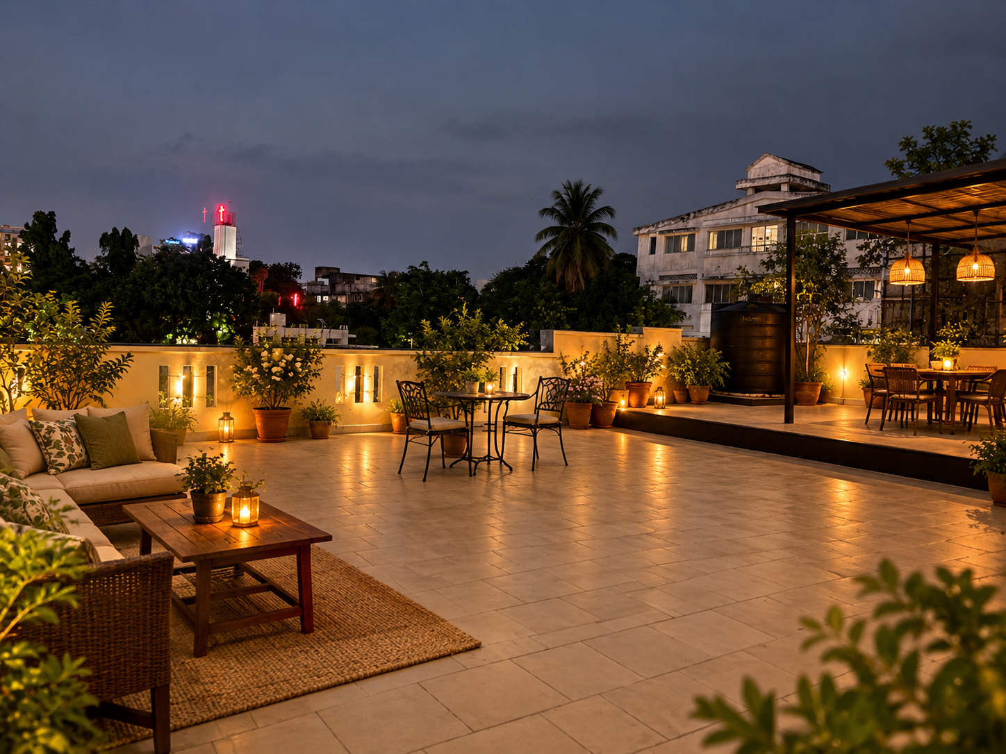 Rooftop terrace set for an evening gathering with lanterns and candlelight